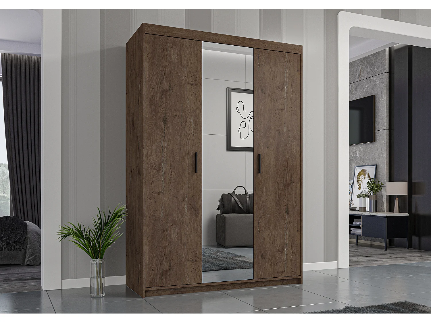 AX LIVING Armoire Storicos 3 portes avec miroir chêne Lefkas 133 cm