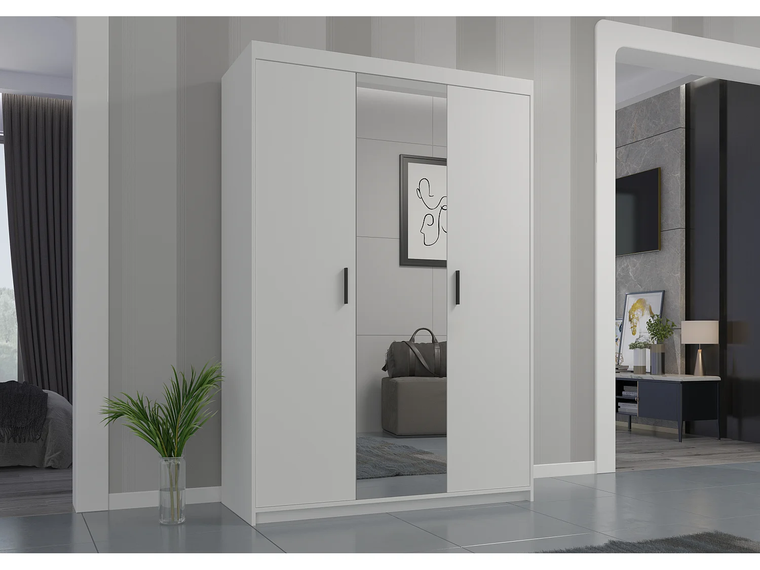 AX LIVING Armoire Storicos 3 portes avec miroir blanc 133 cm