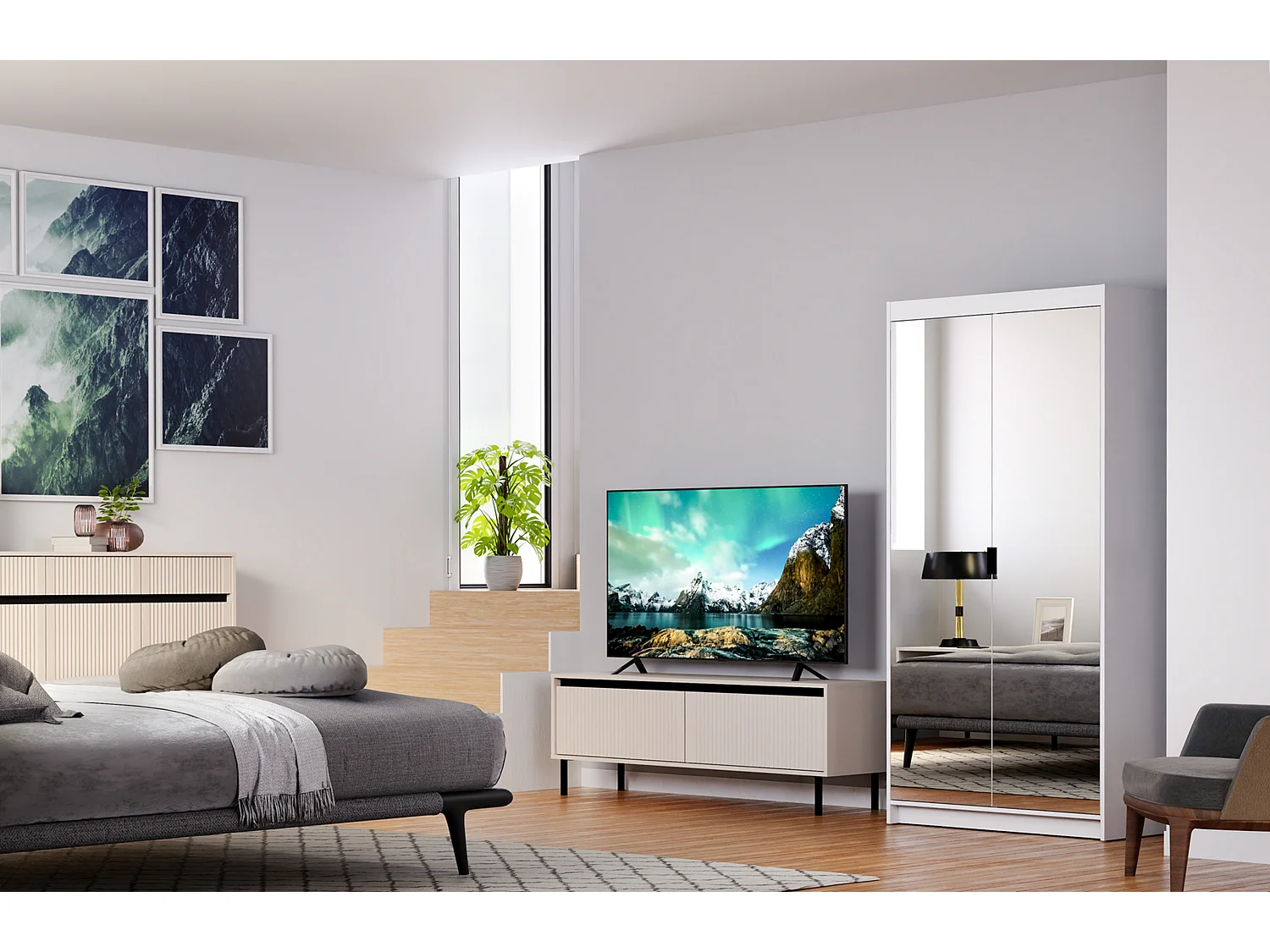 AX LIVING Armoire Storicos 2 portes avec miroir blanc 90 cm