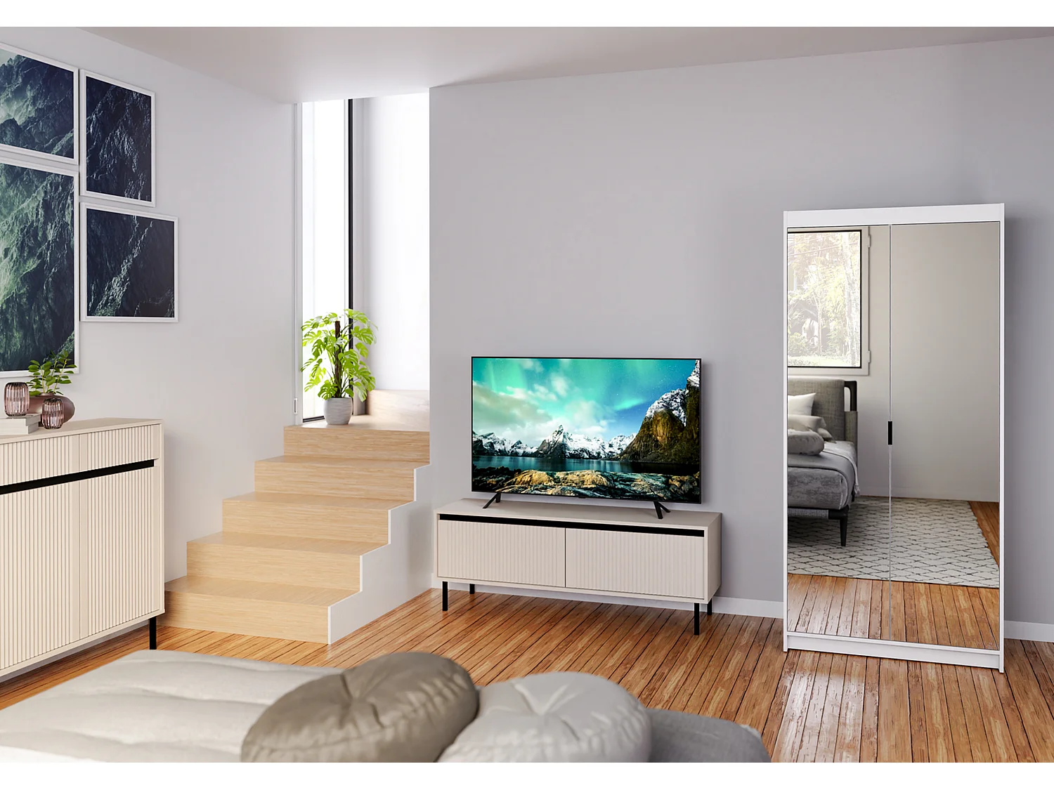 AX LIVING Armoire Storicos 2 portes avec miroir blanc 90 cm