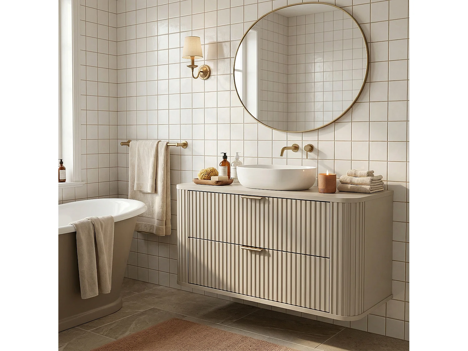 Ensemble de salle de bain en cachemire 100 cm Armoire avec plateau Colonne Façades rainurées Selvea