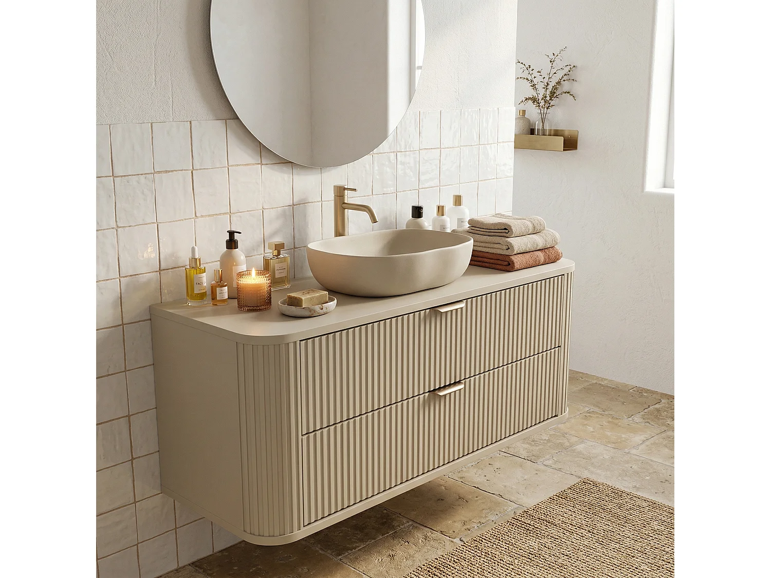 Meuble sous lavabo en cachemire avec plateau 120 cm, façades rainurées Selvea