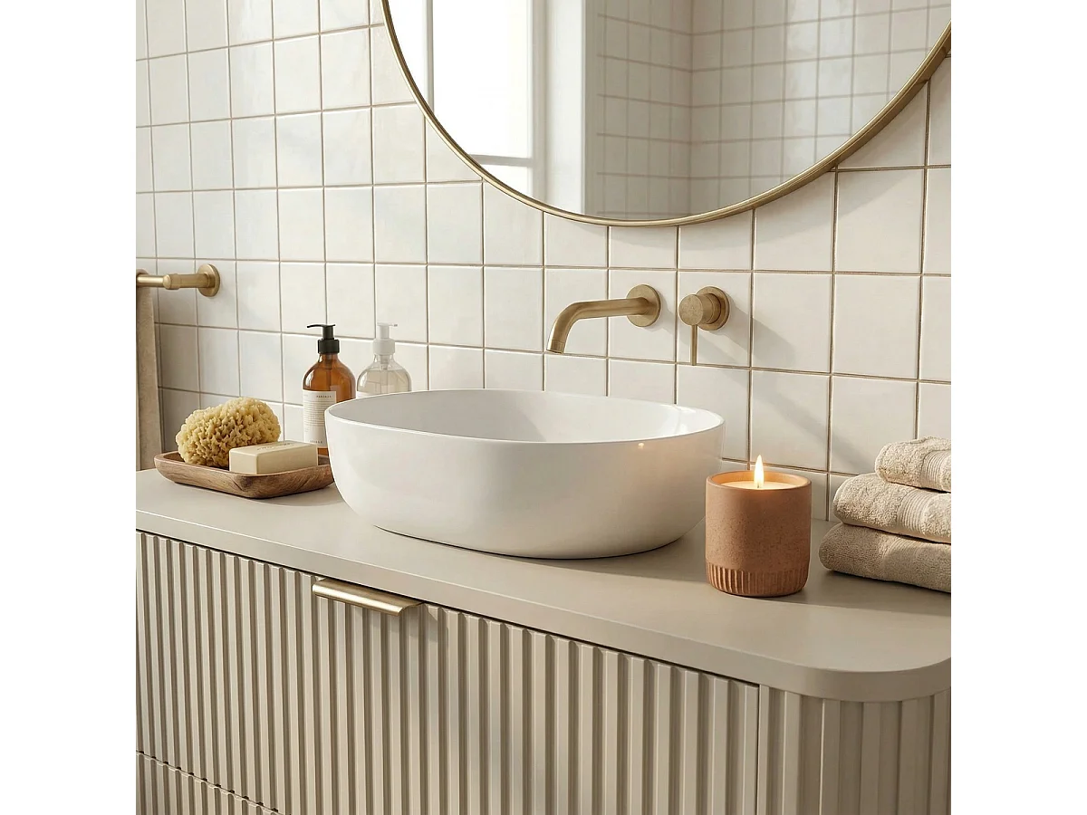 Meuble sous lavabo en cachemire avec plateau 120 cm, façades rainurées Selvea