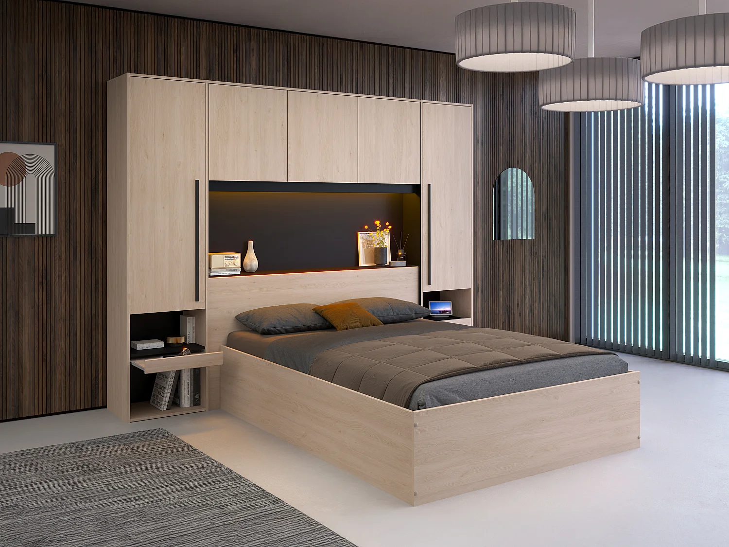 Lit coffre 140 x 190 cm avec pont de lit - Avec LEDs - Coloris : Naturel et noir - VELONA