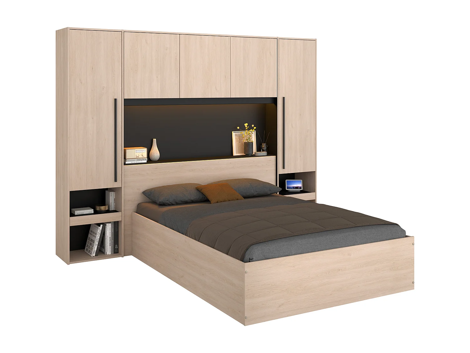 Lit coffre 140 x 190 cm avec pont de lit - Avec LEDs - Coloris : Naturel et noir - VELONA