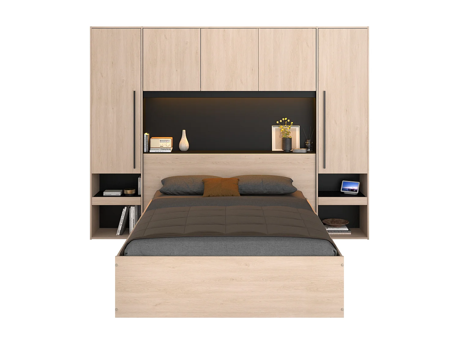 Lit coffre 140 x 190 cm avec pont de lit - Avec LEDs - Coloris : Naturel et noir - VELONA