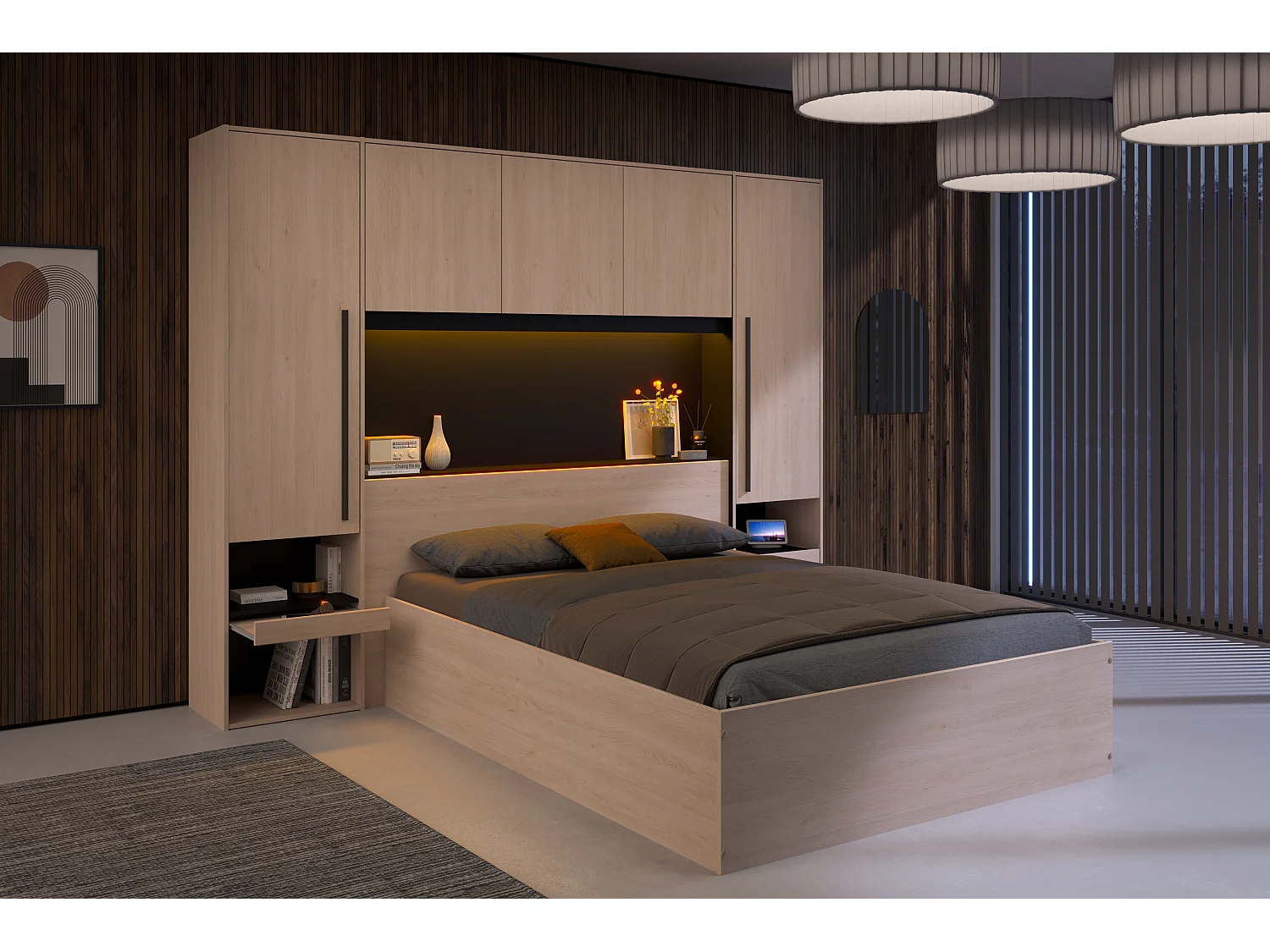 Lit coffre 140 x 190 cm avec pont de lit - Avec LEDs - Coloris : Naturel et noir - VELONA