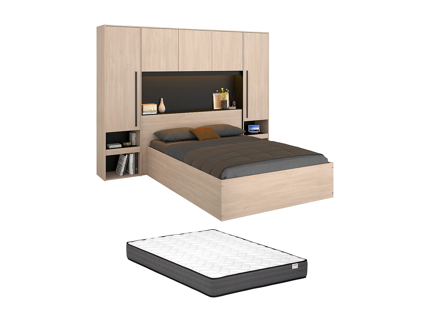 Lit coffre 140 x 190 cm avec pont de lit - Avec LEDs - Coloris : Naturel et noir + Matelas - VELONA