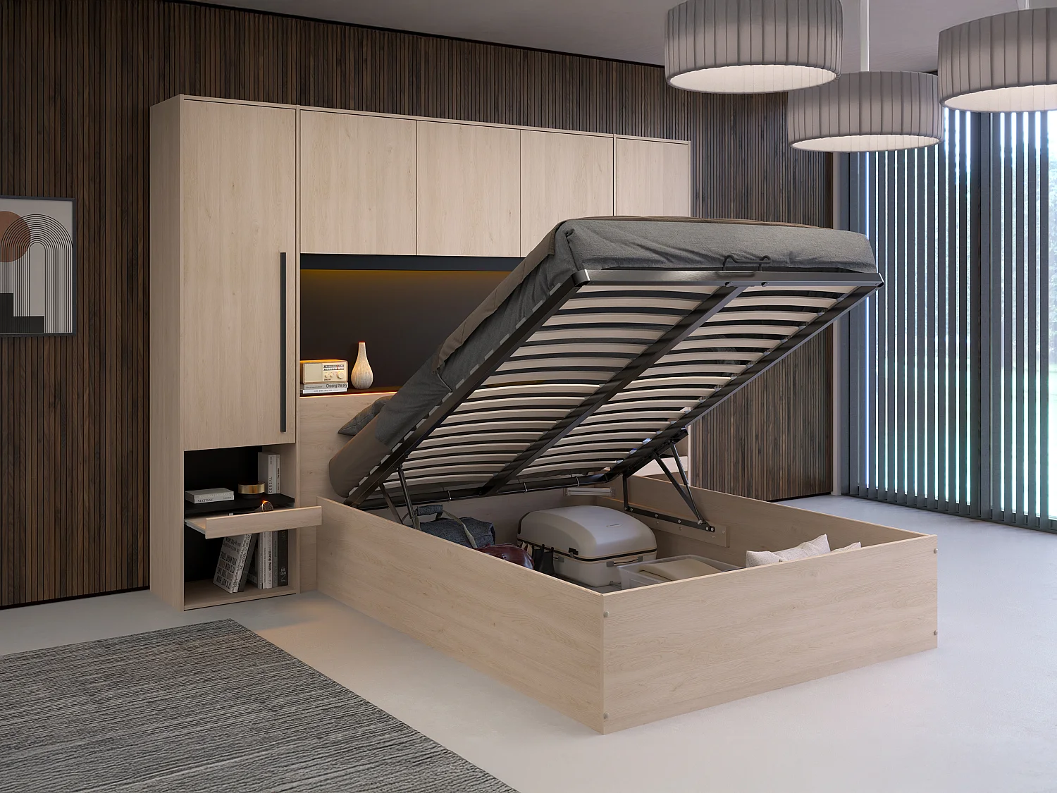 Lit coffre 140 x 190 cm avec pont de lit - Avec LEDs - Coloris : Naturel et noir + Matelas - VELONA