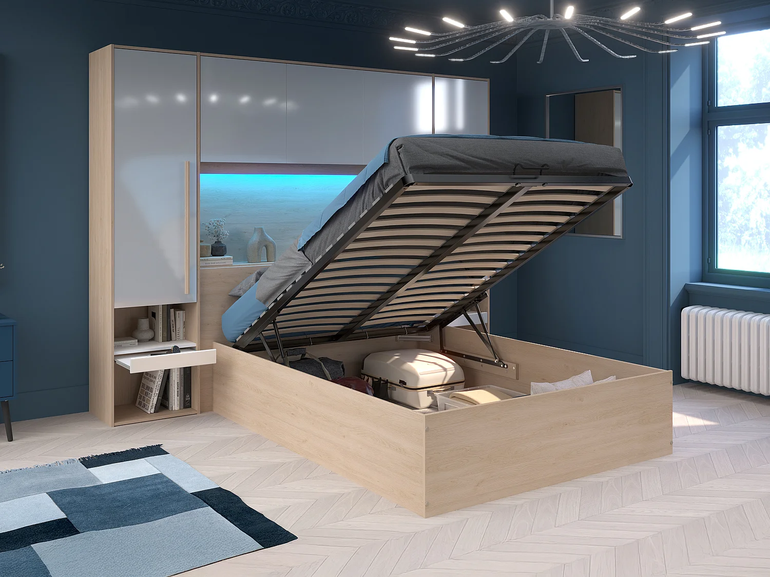 Lit coffre 140 x 190 cm avec pont de lit - Avec LEDs - Blanc brillant et naturel - VELONA