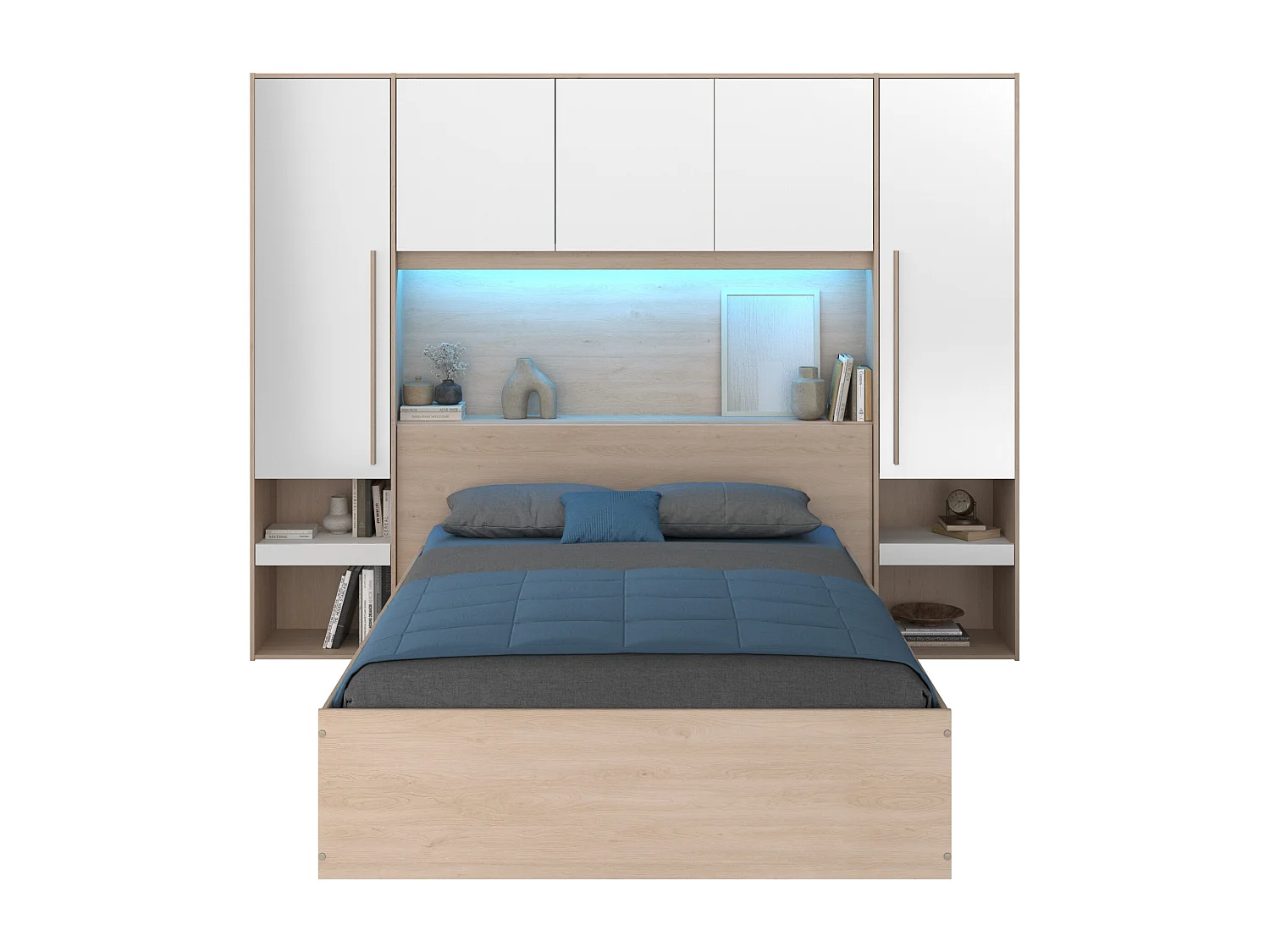 Lit coffre 140 x 190 cm avec pont de lit - Avec LEDs - Blanc brillant et naturel - VELONA