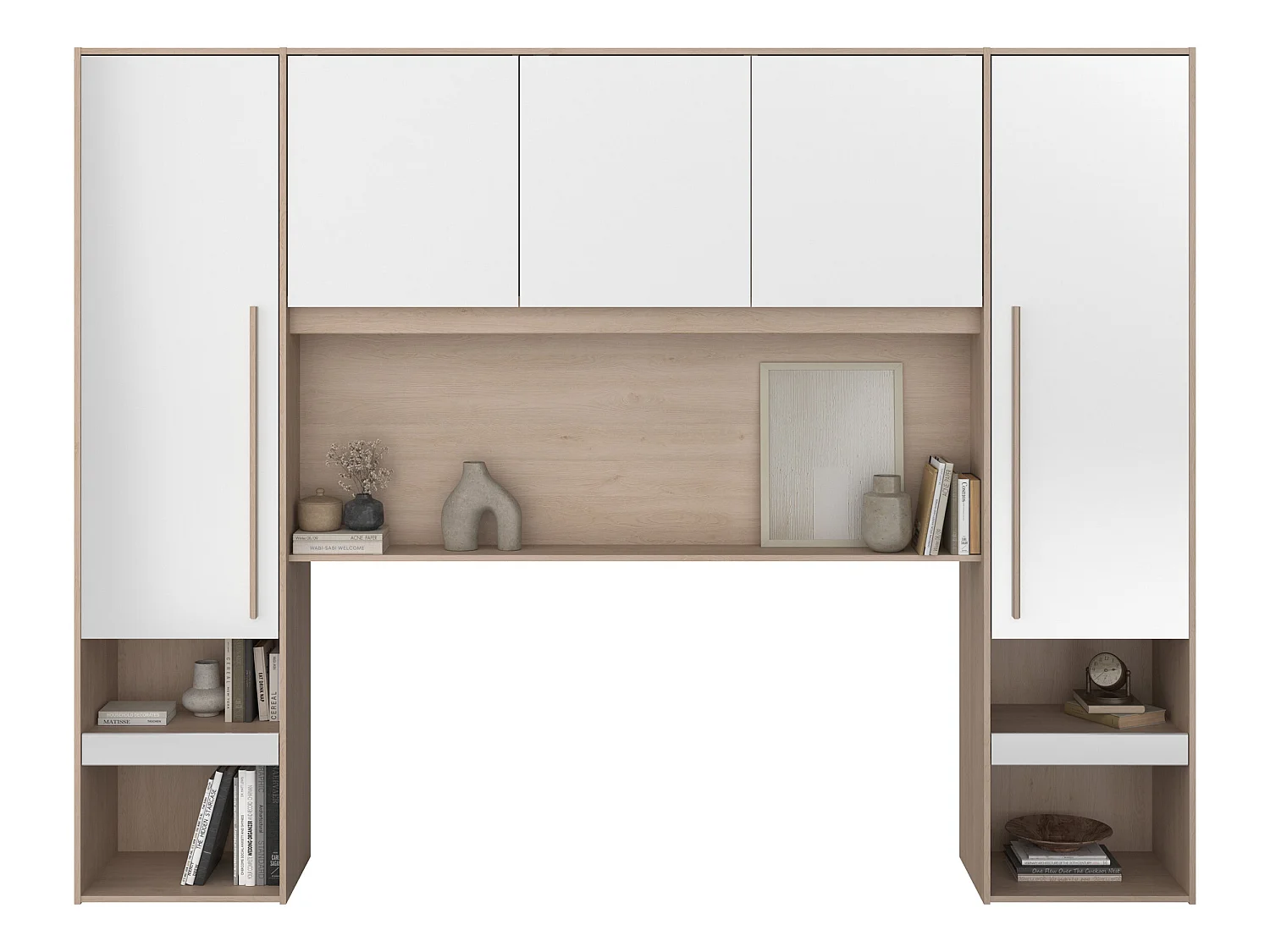 Lit coffre 140 x 190 cm avec pont de lit - Avec LEDs - Blanc brillant et naturel - VELONA