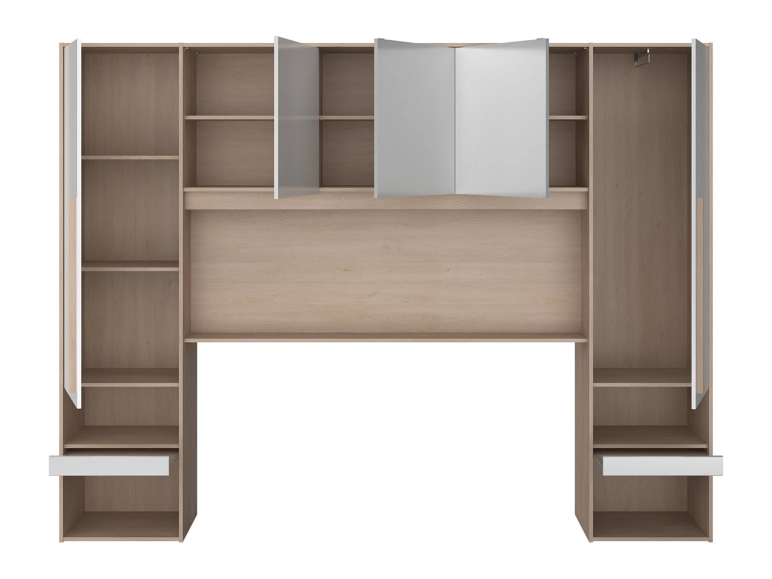 Lit coffre 140 x 190 cm avec pont de lit - Avec LEDs - Blanc brillant et naturel + Matelas - VELONA