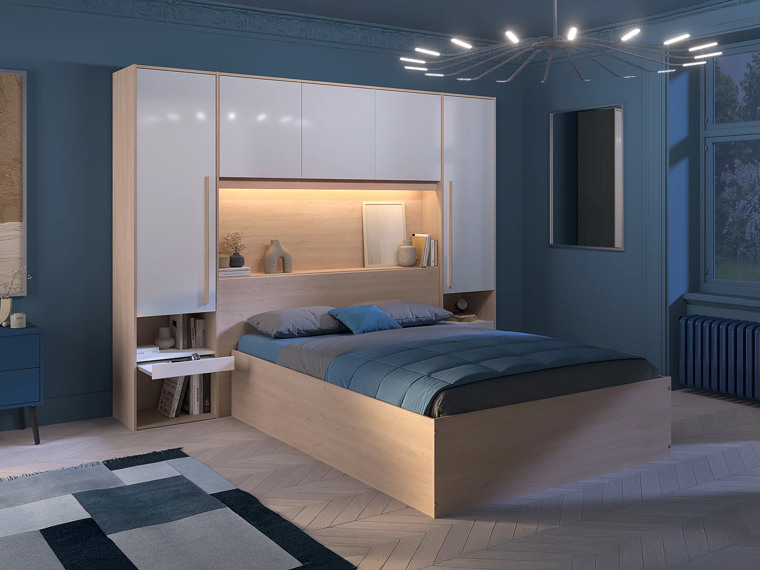 Lit coffre 140 x 190 cm avec pont de lit - Avec LEDs - Blanc brillant et naturel + Matelas - VELONA