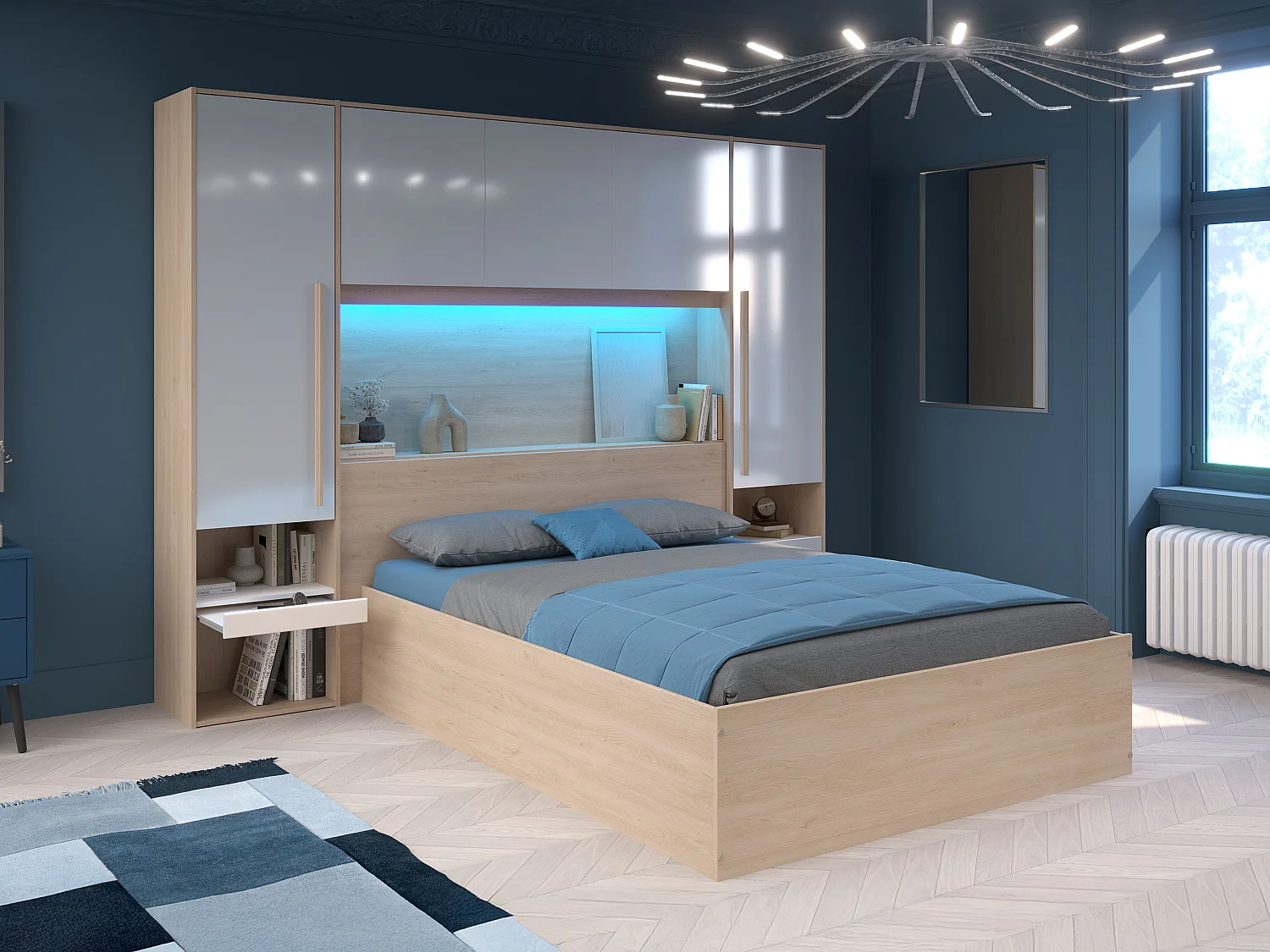 Lit coffre 140 x 190 cm avec pont de lit - Avec LEDs - Blanc brillant et naturel + Matelas - VELONA