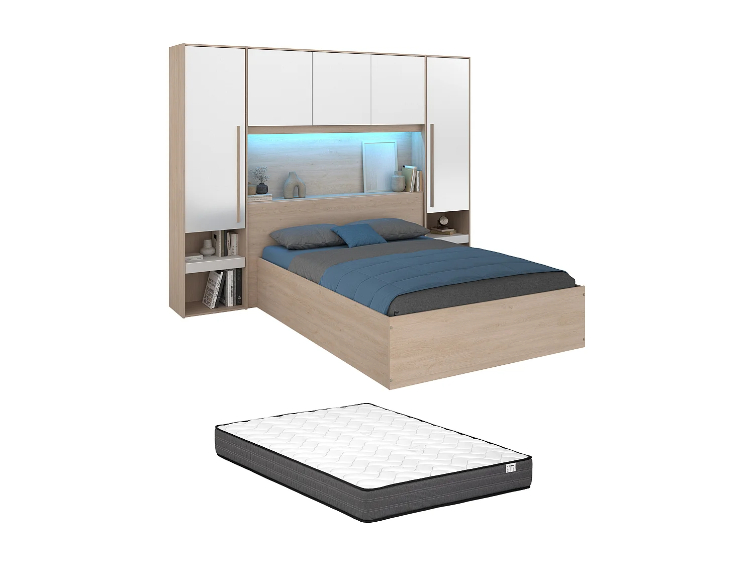 Lit coffre 140 x 190 cm avec pont de lit - Avec LEDs - Blanc brillant et naturel + Matelas - VELONA