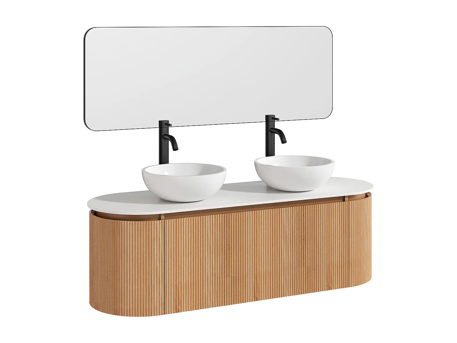 Meuble de salle de bain suspendu strié avec double vasque à poser ronde en solid surface, robinet et miroir – Naturel clair - L150 cm - LILIKO