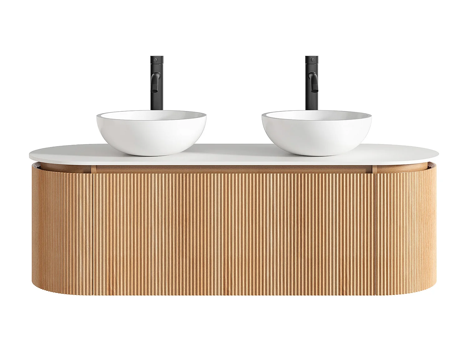 Meuble de salle de bain suspendu strié avec double vasque à poser ronde en solid surface, robinet et miroir – Naturel clair - L150 cm - LILIKO