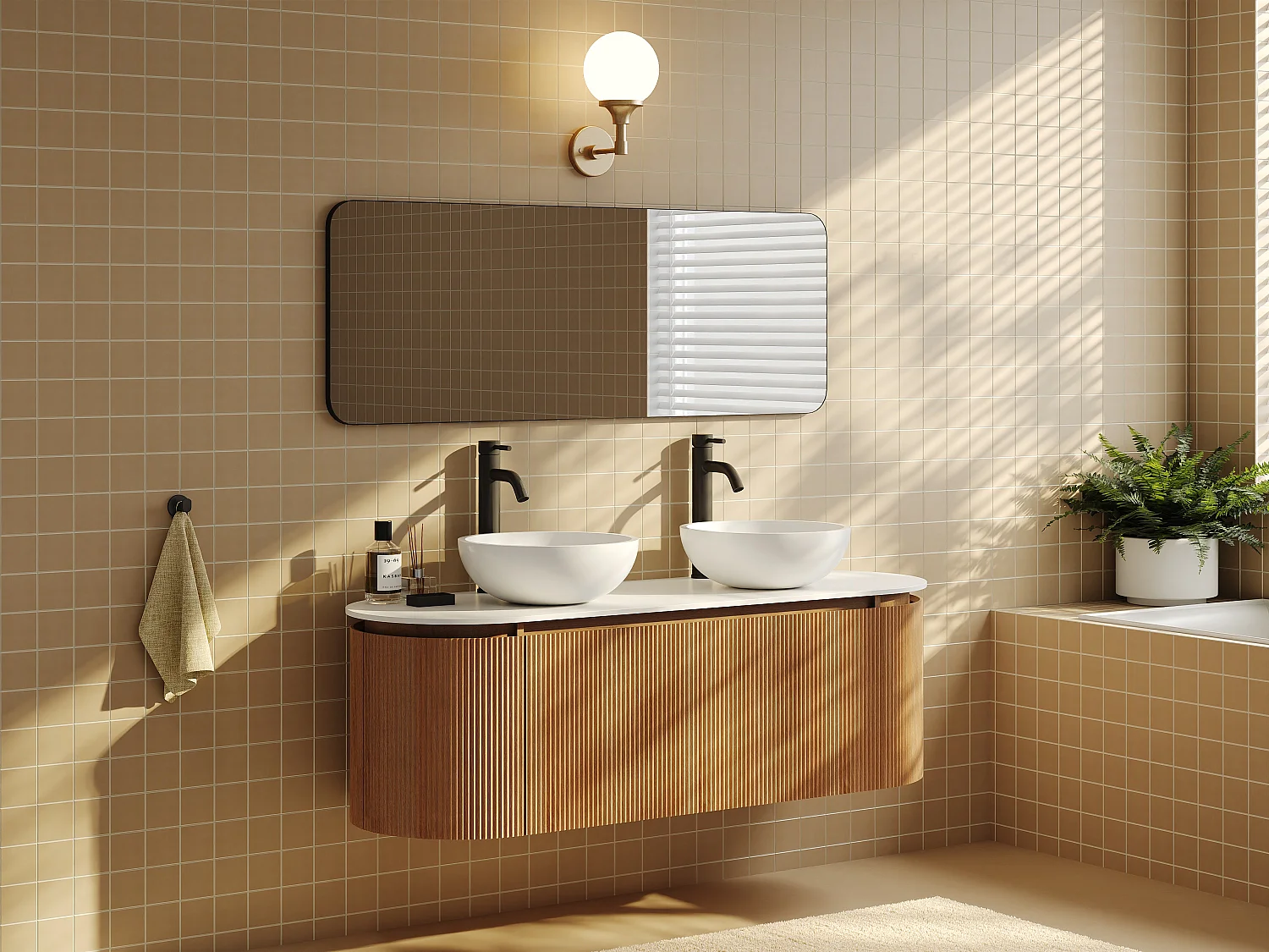 Meuble de salle de bain suspendu strié avec double vasque à poser ronde en solid surface, robinet et miroir – Naturel clair - L150 cm - LILIKO