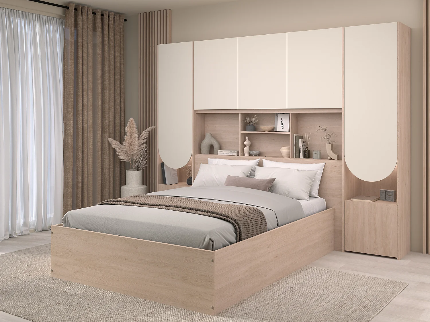 Lit coffre 140 x 190 cm avec pont de lit - Avec LEDs - Beige et naturel - VELONA