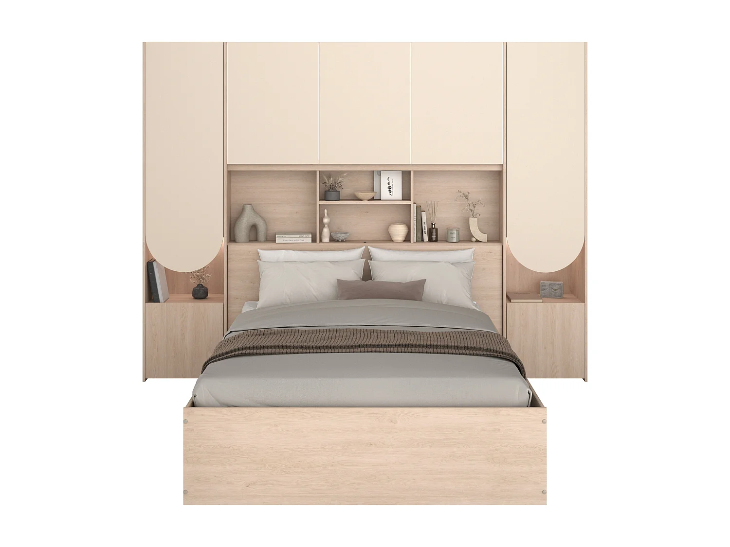 Lit coffre 140 x 190 cm avec pont de lit - Avec LEDs - Beige et naturel + Matelas - VELONA