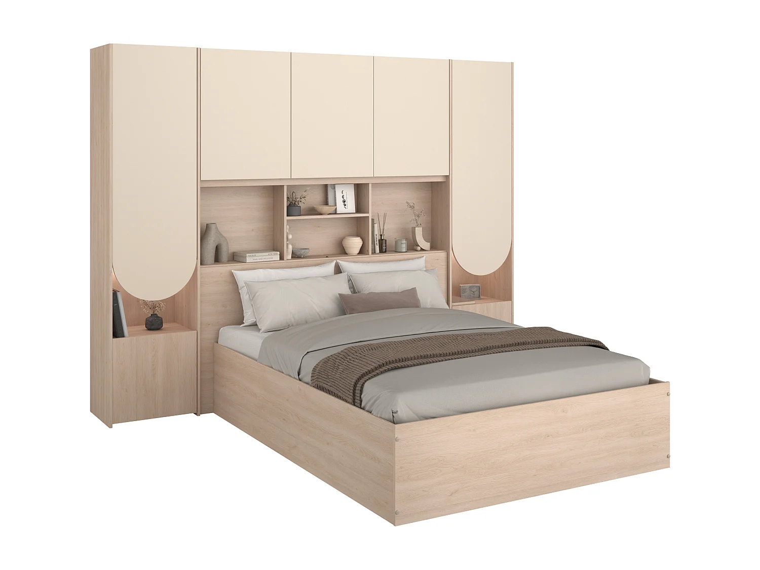 Lit coffre 140 x 190 cm avec pont de lit - Avec LEDs - Beige et naturel + Matelas - VELONA