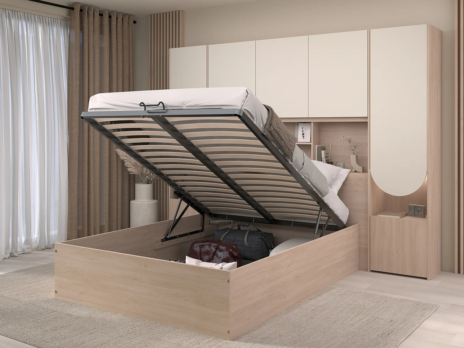 Lit coffre 140 x 190 cm avec pont de lit - Avec LEDs - Beige et naturel + Matelas - VELONA