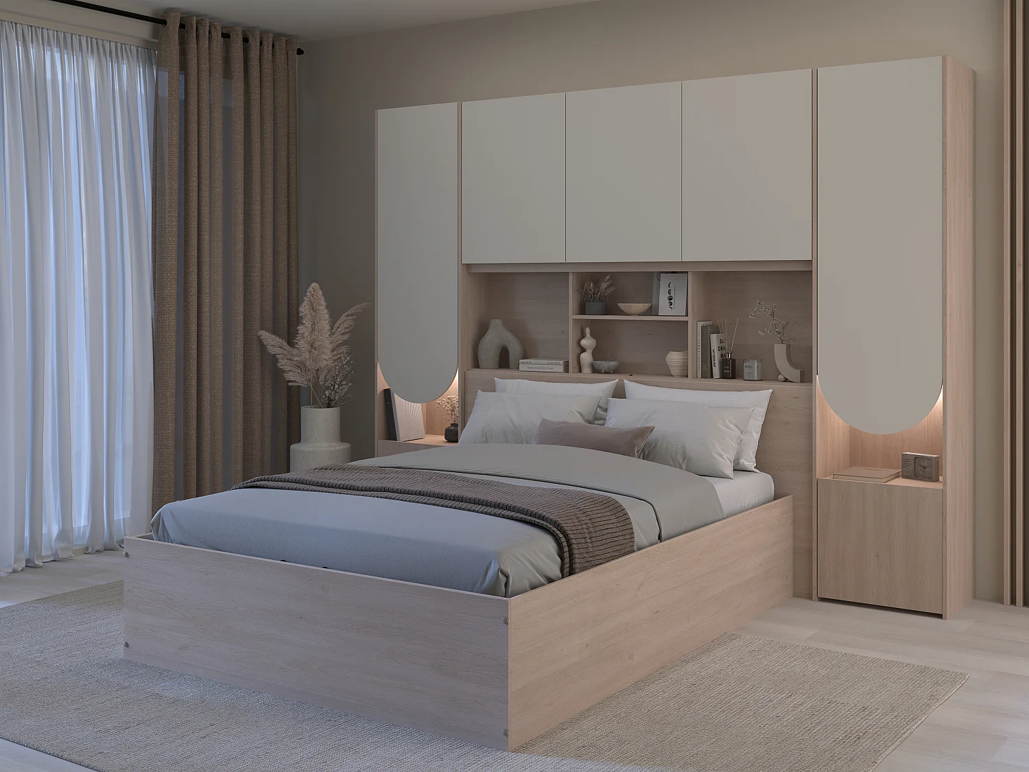 Lit coffre 140 x 190 cm avec pont de lit - Avec LEDs - Beige et naturel + Matelas - VELONA