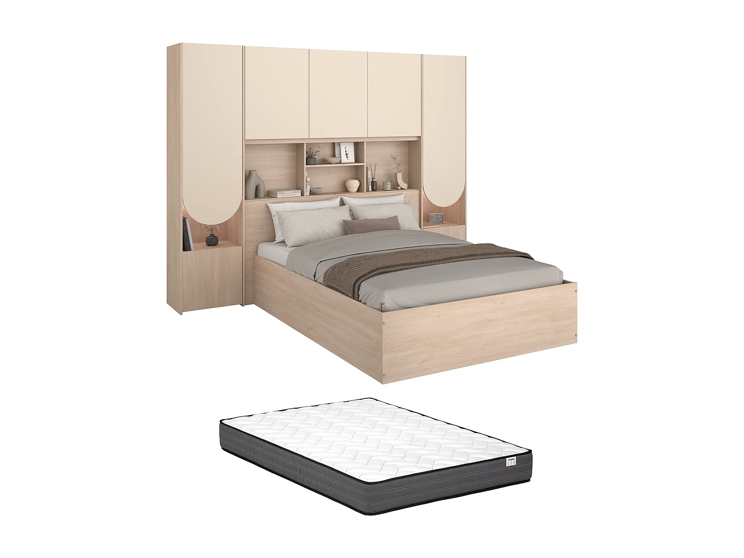 Lit coffre 140 x 190 cm avec pont de lit - Avec LEDs - Beige et naturel + Matelas - VELONA