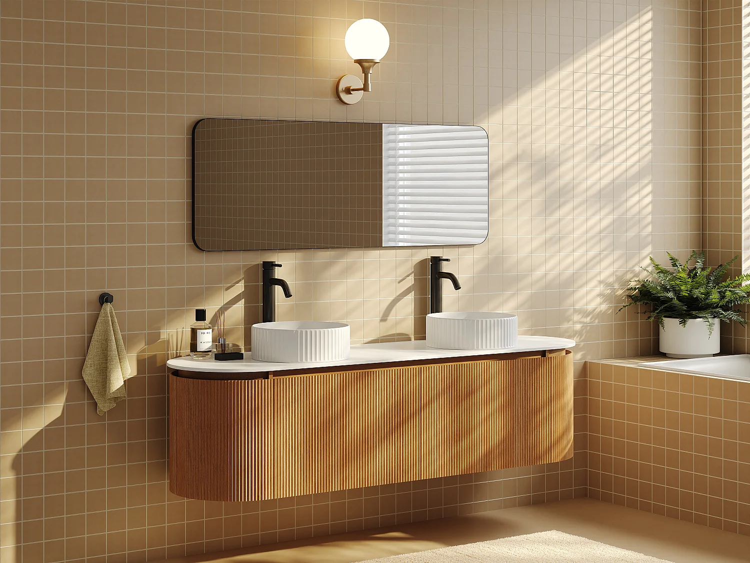 Meuble de salle de bain suspendu strié avec double vasque à poser ronde striée – Naturel clair - L180 cm - LILIKO