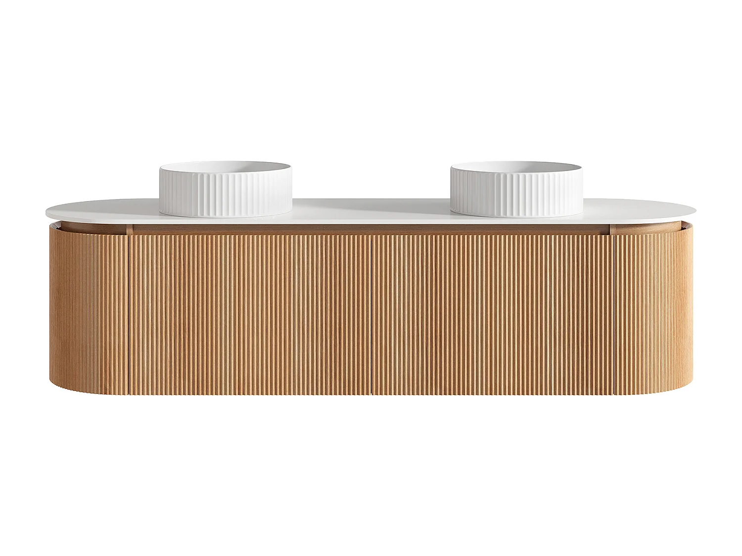 Meuble de salle de bain suspendu strié avec double vasque à poser ronde striée – Naturel clair - L180 cm - LILIKO