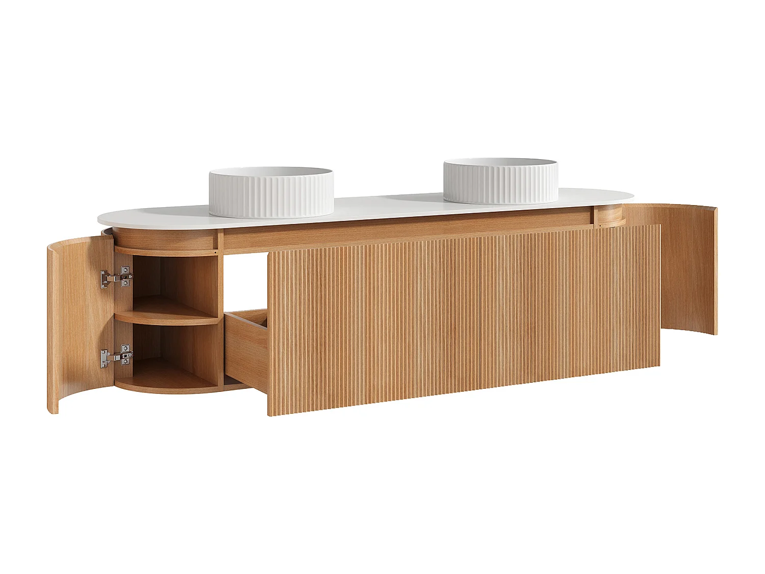 Meuble de salle de bain suspendu strié avec double vasque à poser ronde striée – Naturel clair - L180 cm - LILIKO