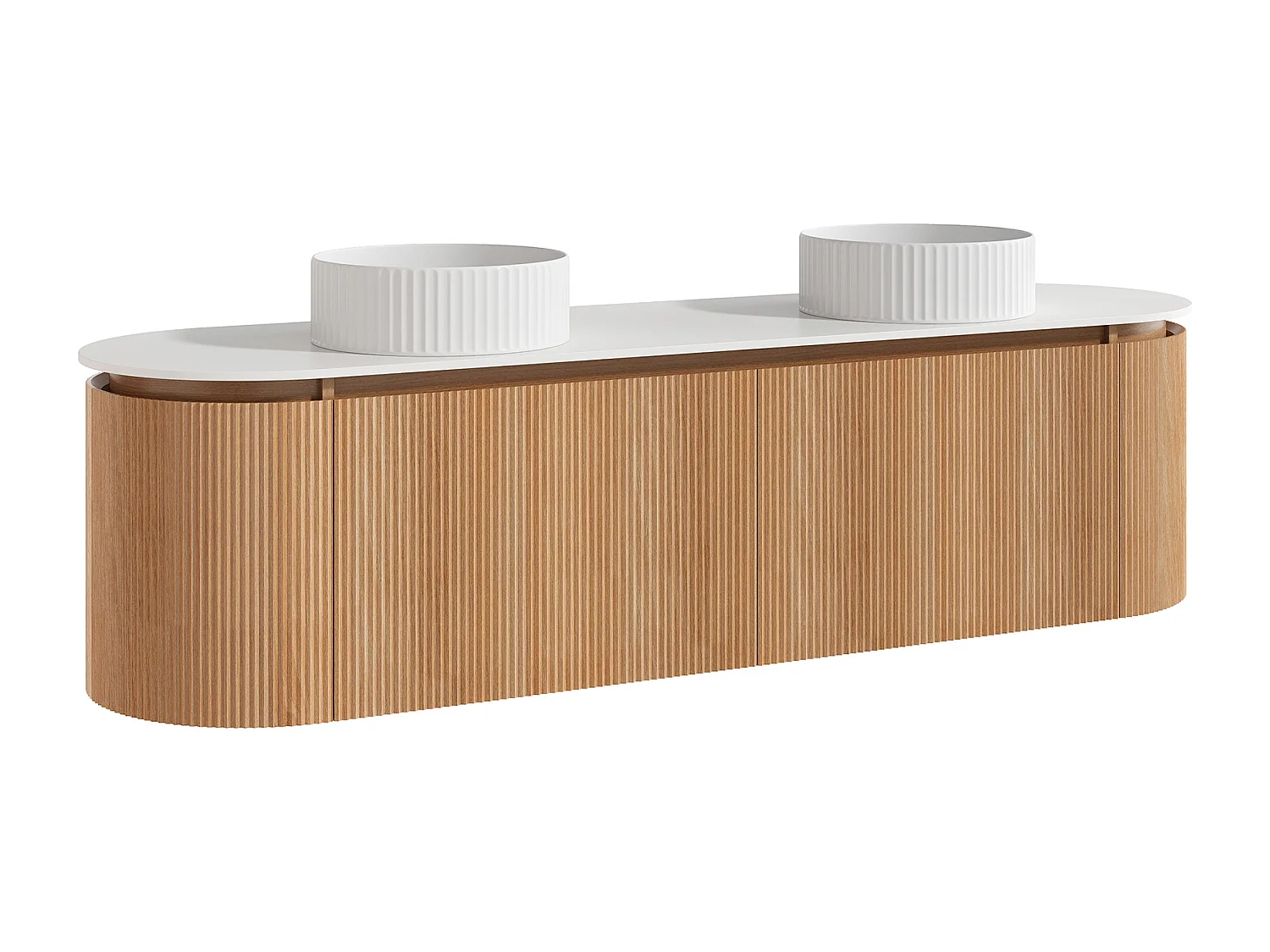 Meuble de salle de bain suspendu strié avec double vasque à poser ronde striée – Naturel clair - L180 cm - LILIKO