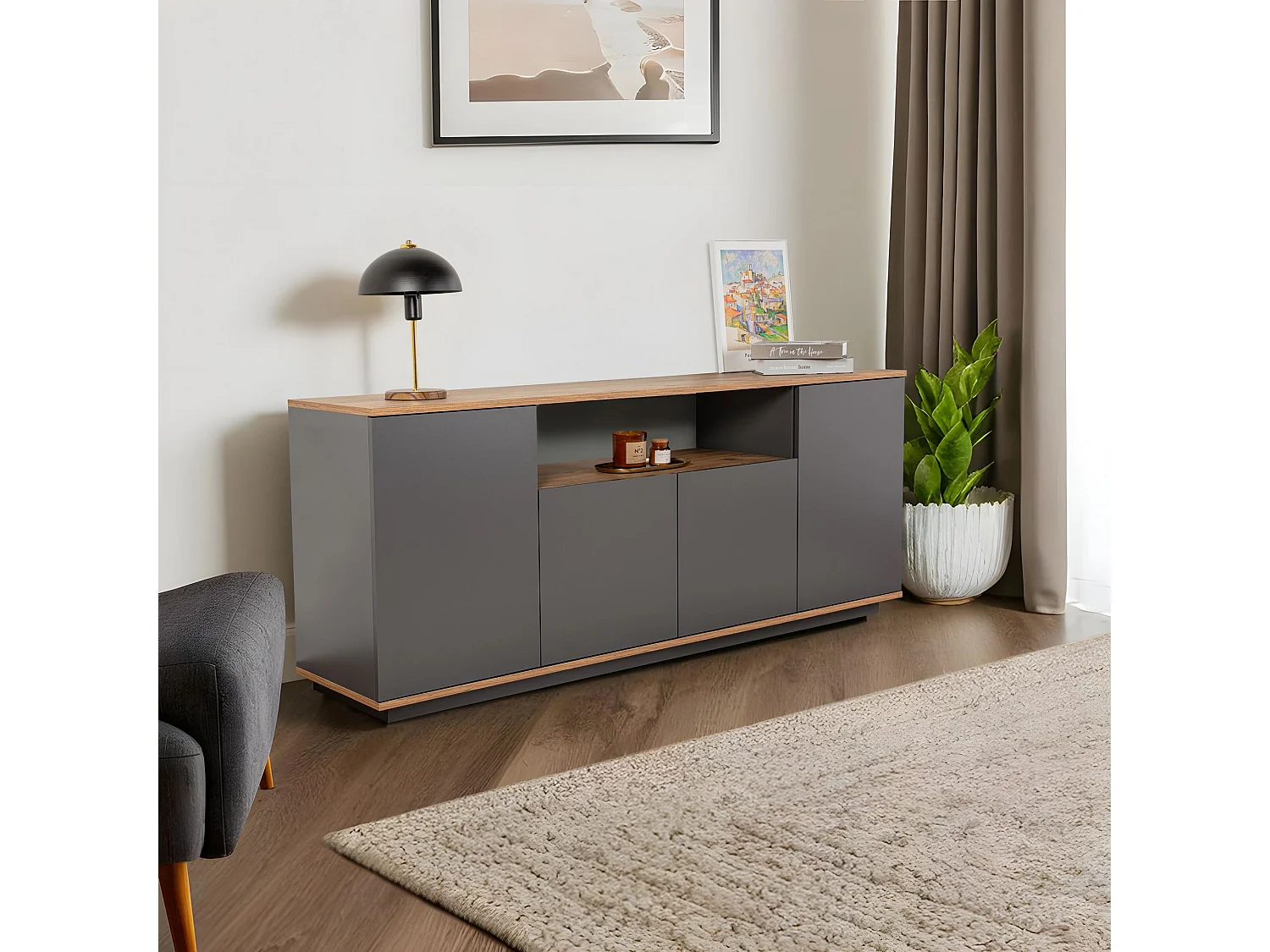 Buffet en bois "Arista" - 180 x 44 x 75 cm - Gris anthracite