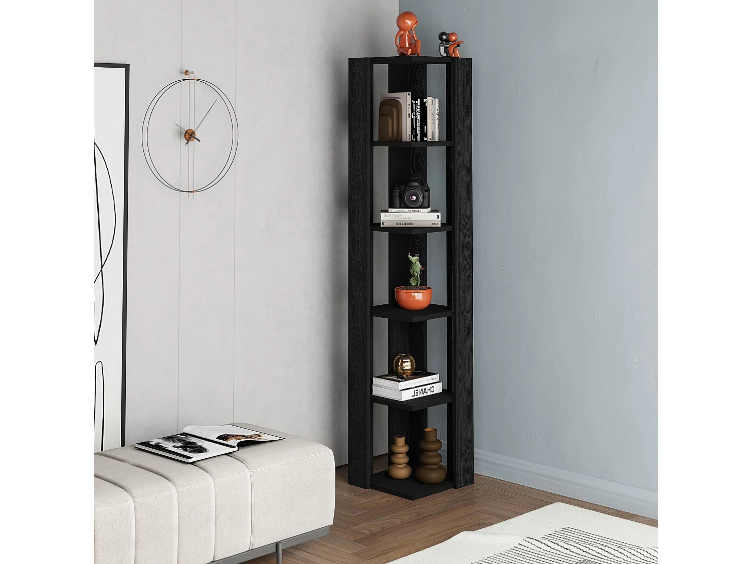 Schwarzes Bücherregal "Nati" aus Holz, 5 Regalböden, 32x32x161 cm, modernes und robustes Design