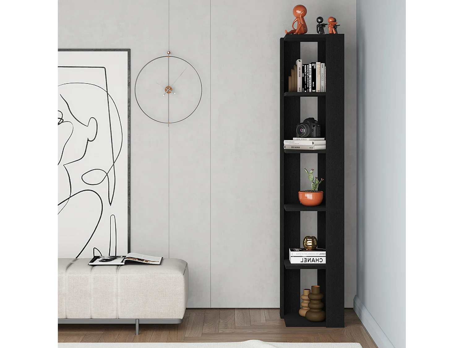 Schwarzes Bücherregal "Nati" aus Holz, 5 Regalböden, 32x32x161 cm, modernes und robustes Design