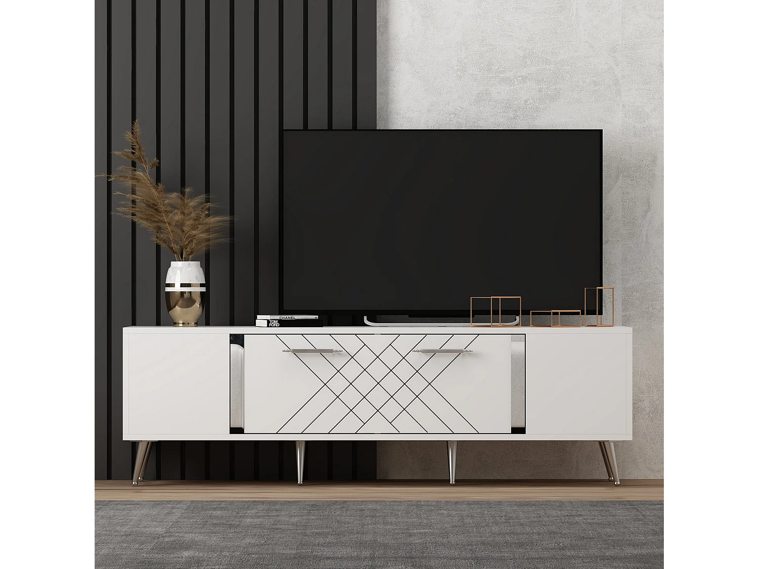 Houten TV-meubel "Detas" 150x35x48 cm wit en zilver met opbergruimte, modern design en poten