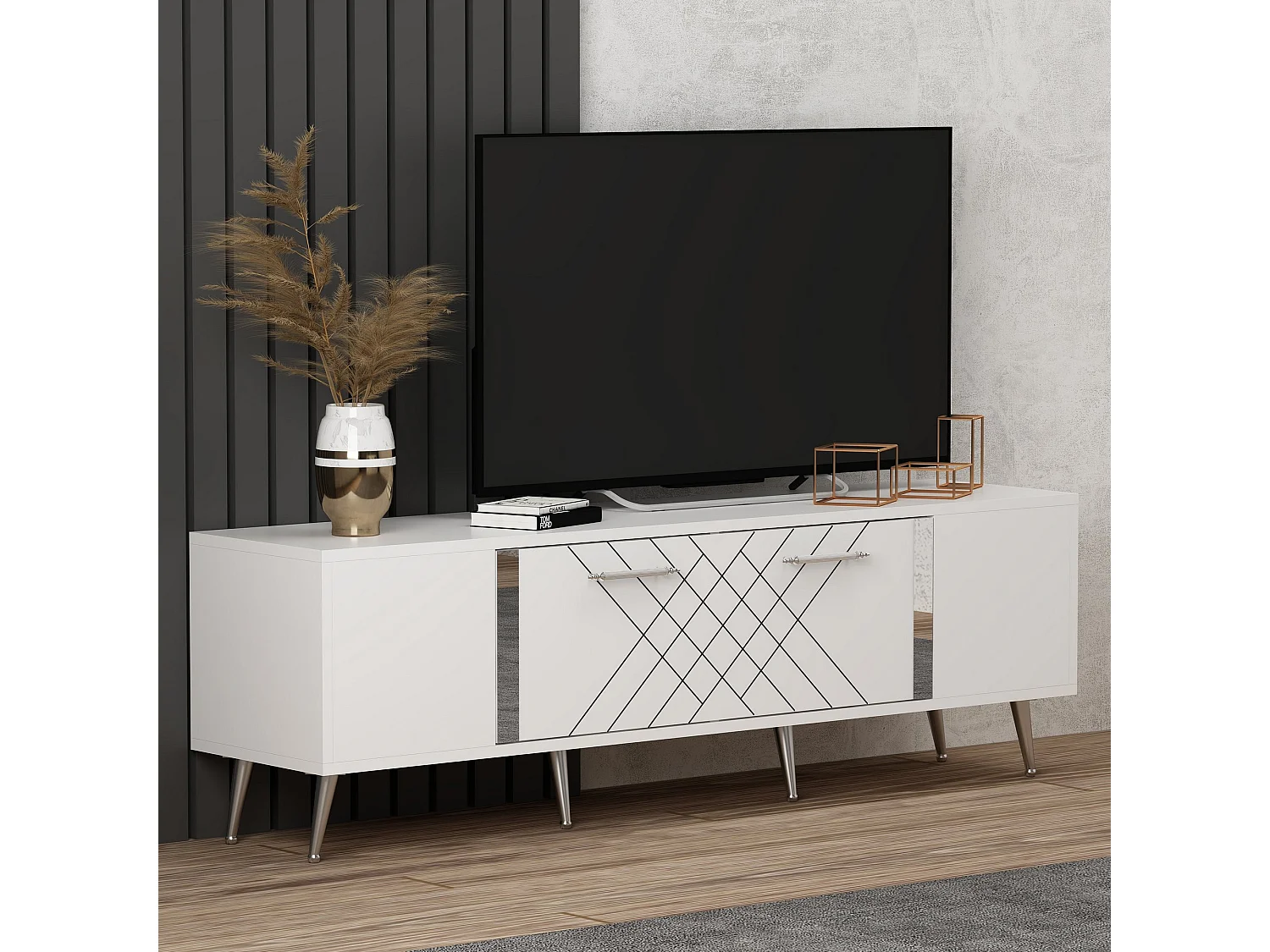 Houten TV-meubel "Detas" 150x35x48 cm wit en zilver met opbergruimte, modern design en poten