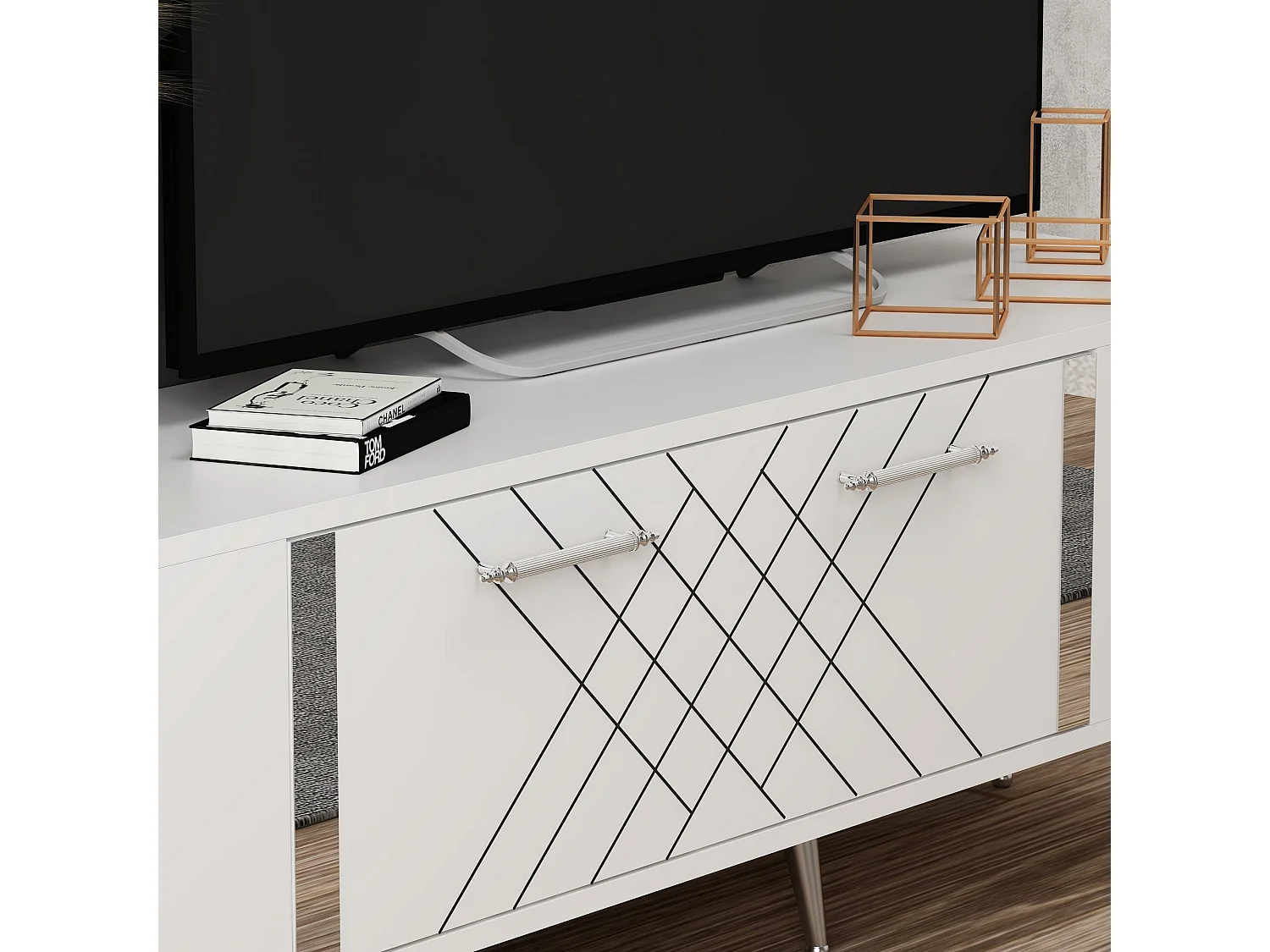 Houten TV-meubel "Detas" 150x35x48 cm wit en zilver met opbergruimte, modern design en poten
