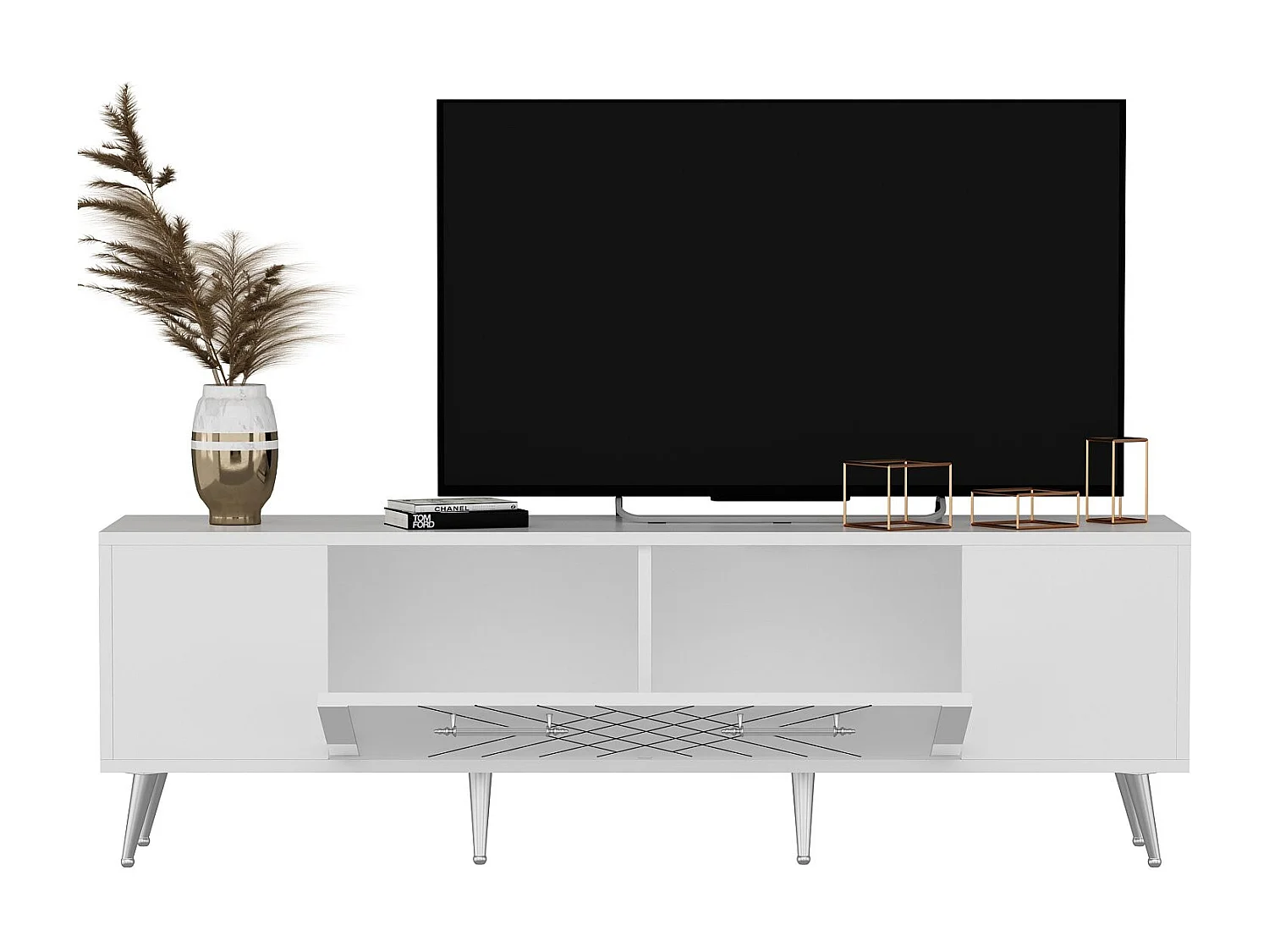 Houten TV-meubel "Detas" 150x35x48 cm wit en zilver met opbergruimte, modern design en poten