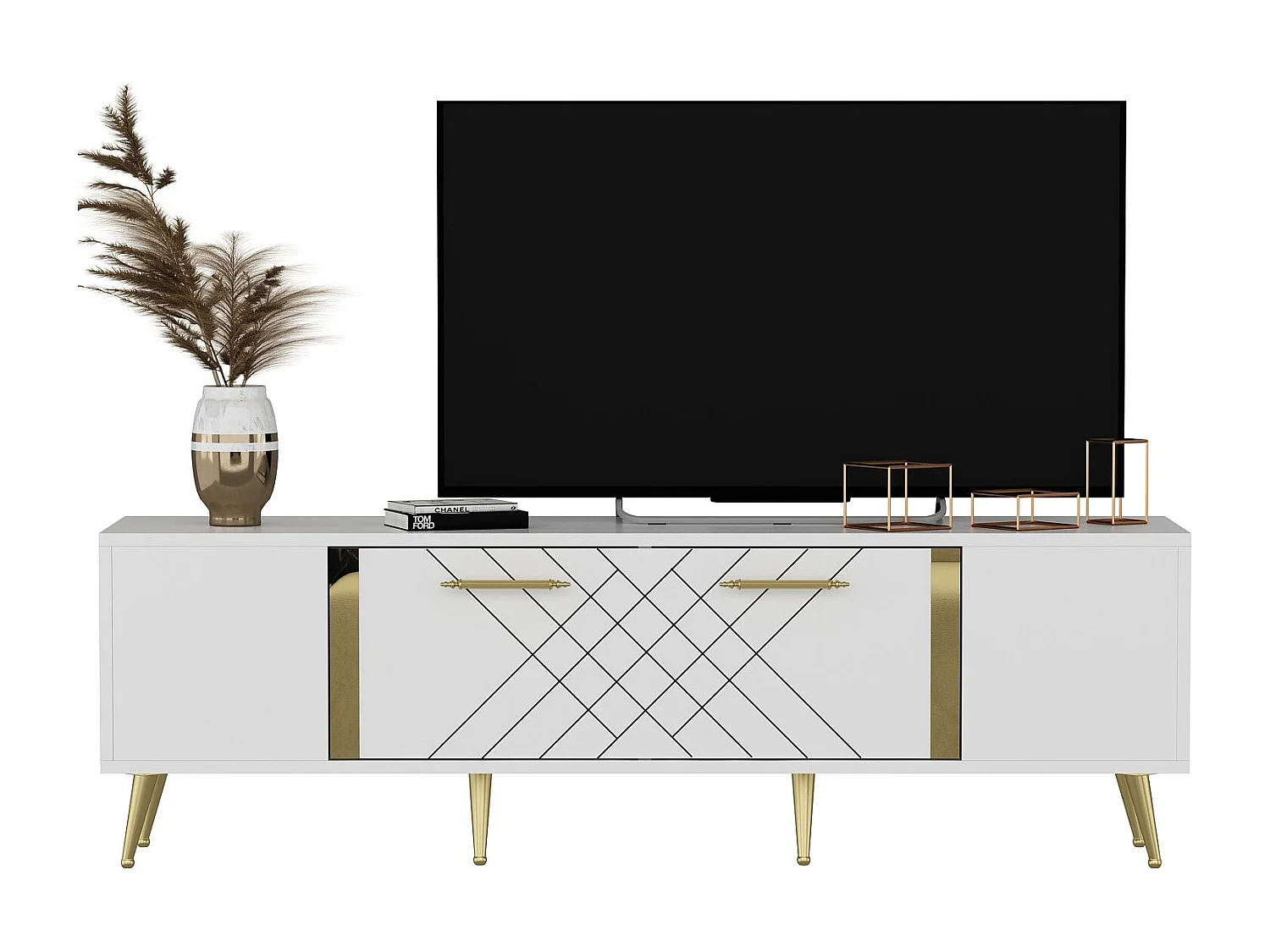 Houten TV-meubel "Detas" 150x35x48 cm, gouden afwerking, met opbergruimte en poten, modern en elegant design