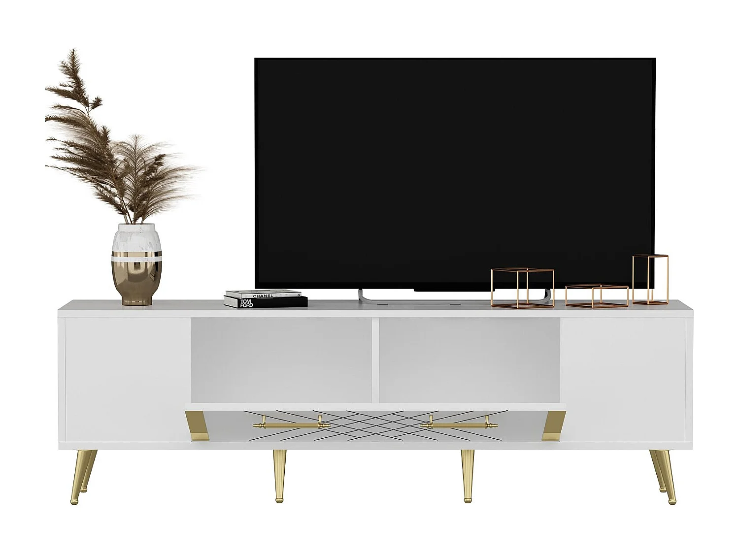 Houten TV-meubel "Detas" 150x35x48 cm, gouden afwerking, met opbergruimte en poten, modern en elegant design