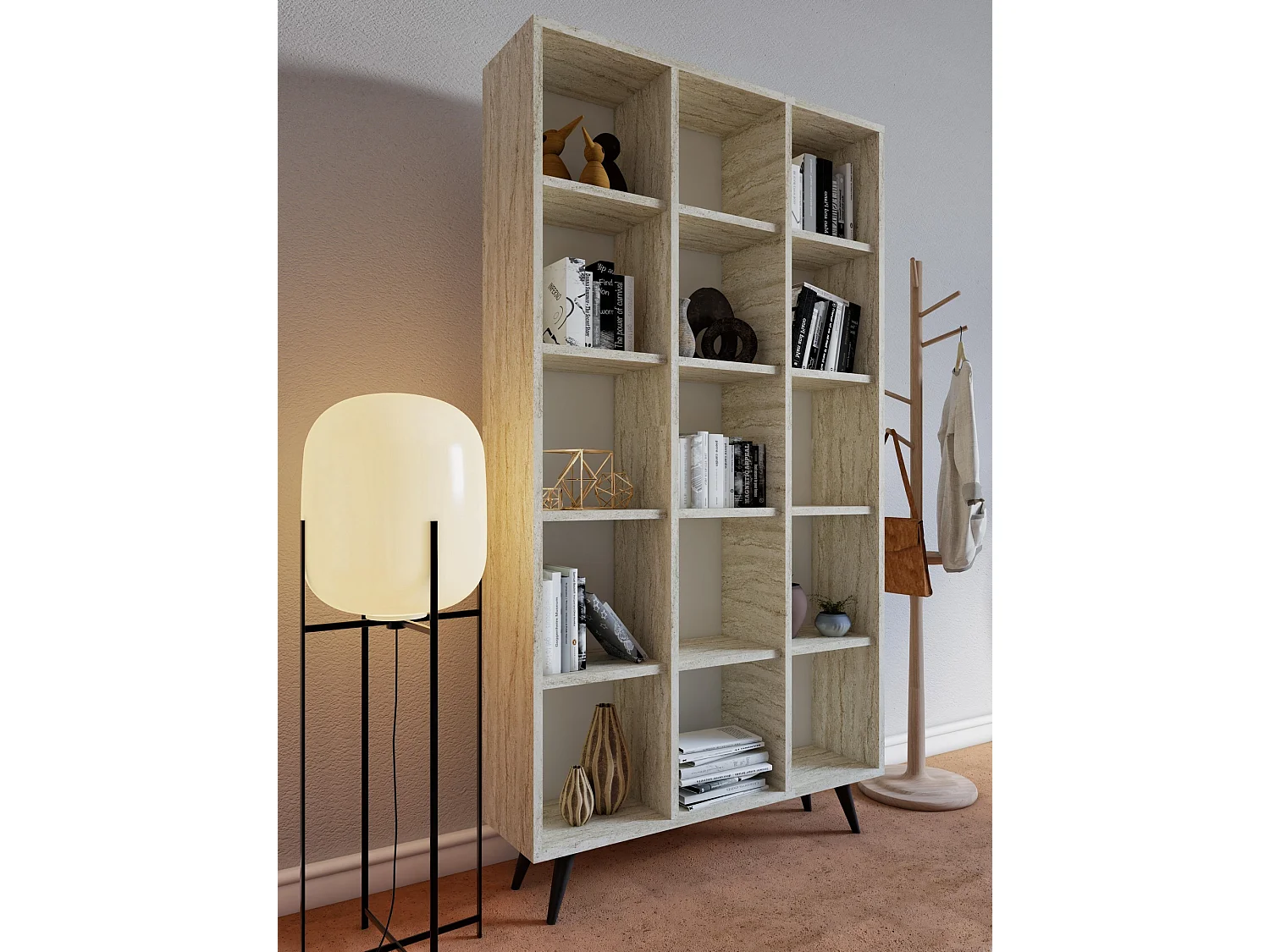 Moderne Travertijn Houten Boekenkast "Zipa" 100 x 25 x 184 cm - 5 Planken