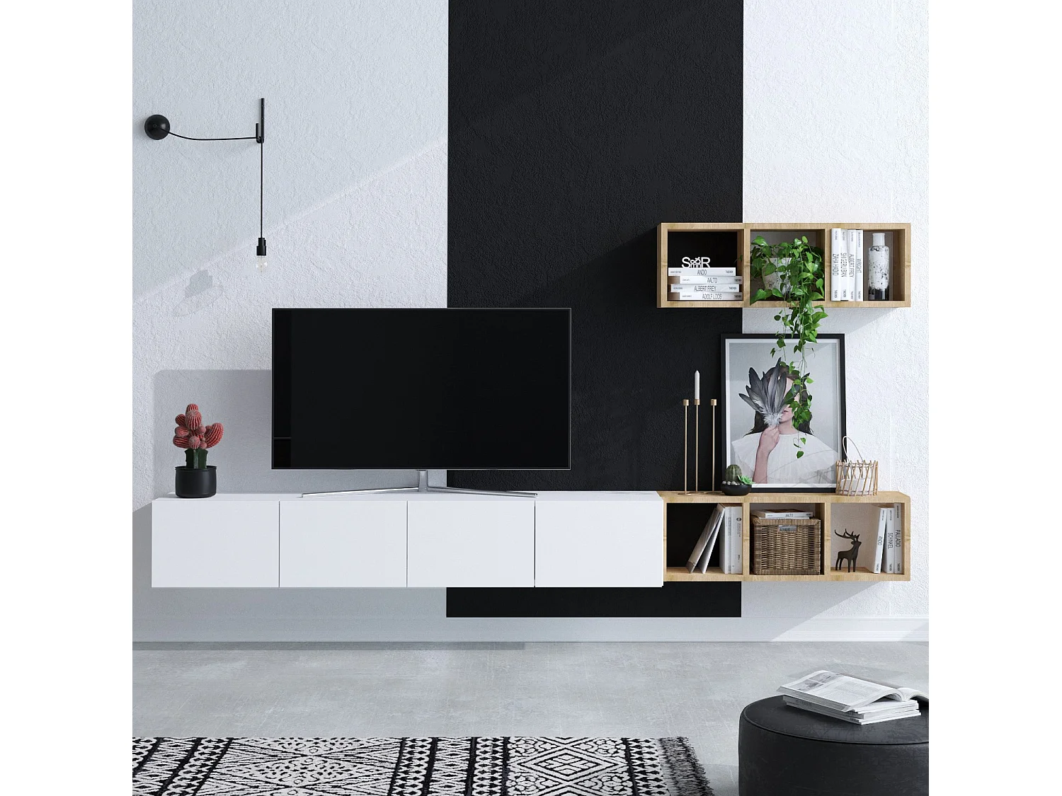 Meuble TV suspendu avec étagère murale en bois "Pia"- 215 x 32 x 25 cm - Blanc