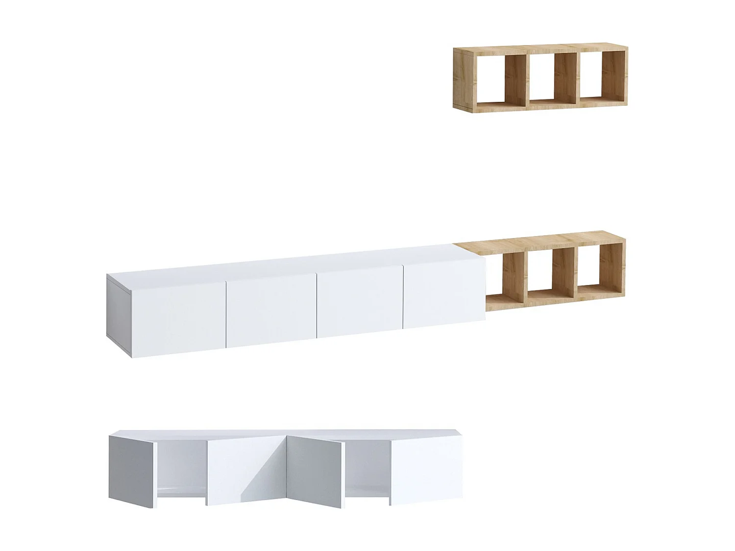 Meuble TV suspendu avec étagère murale en bois "Pia"- 215 x 32 x 25 cm - Blanc