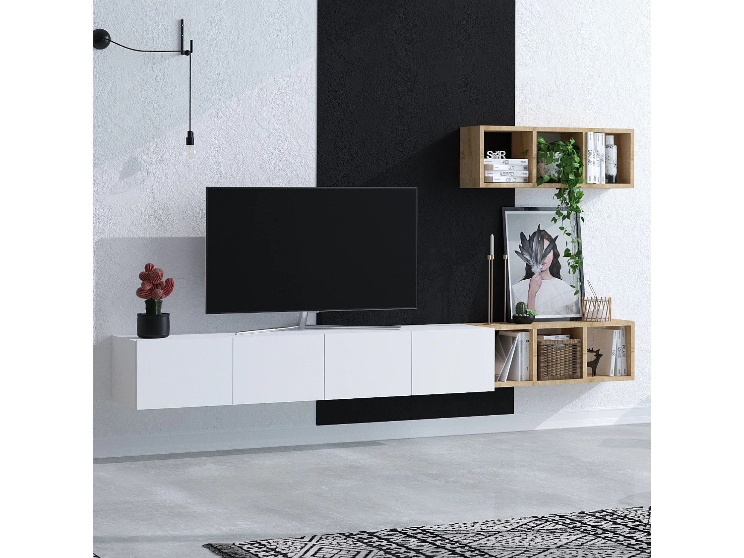Meuble TV suspendu avec étagère murale en bois "Pia"- 215 x 32 x 25 cm - Blanc