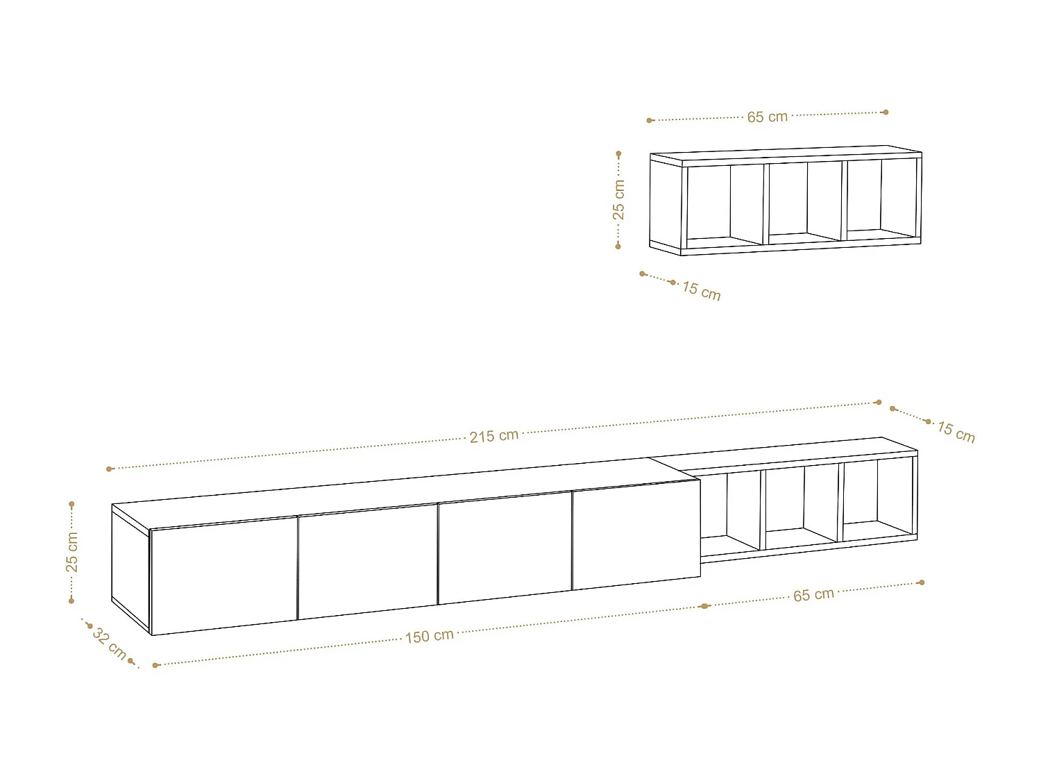 Meuble TV suspendu avec étagère murale en bois "Pia"- 215 x 32 x 25 cm - Blanc