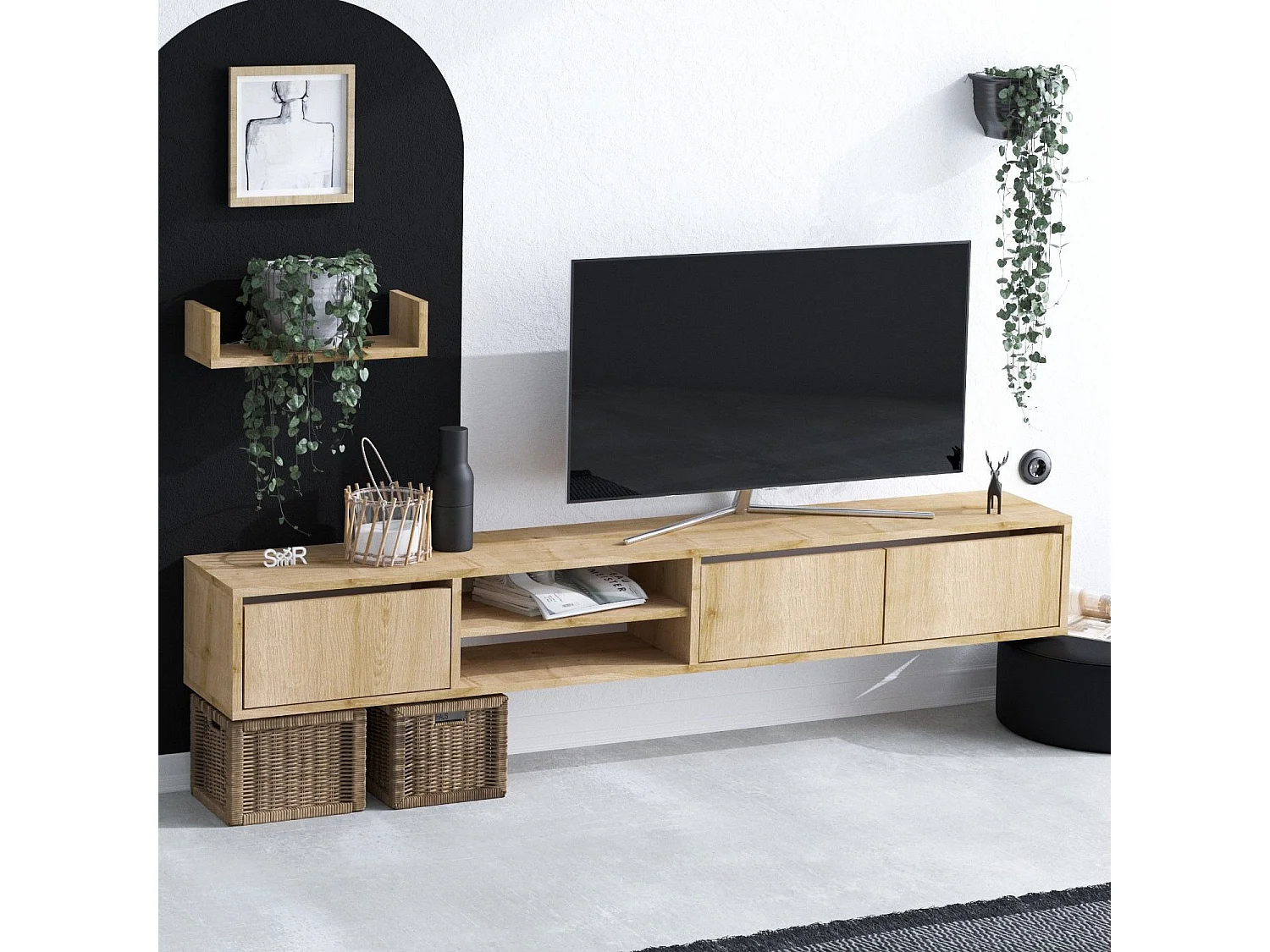 Meuble TV suspendu avec étagère murale en bois "Heka" - 180 x 30 x 25 cm - Beige