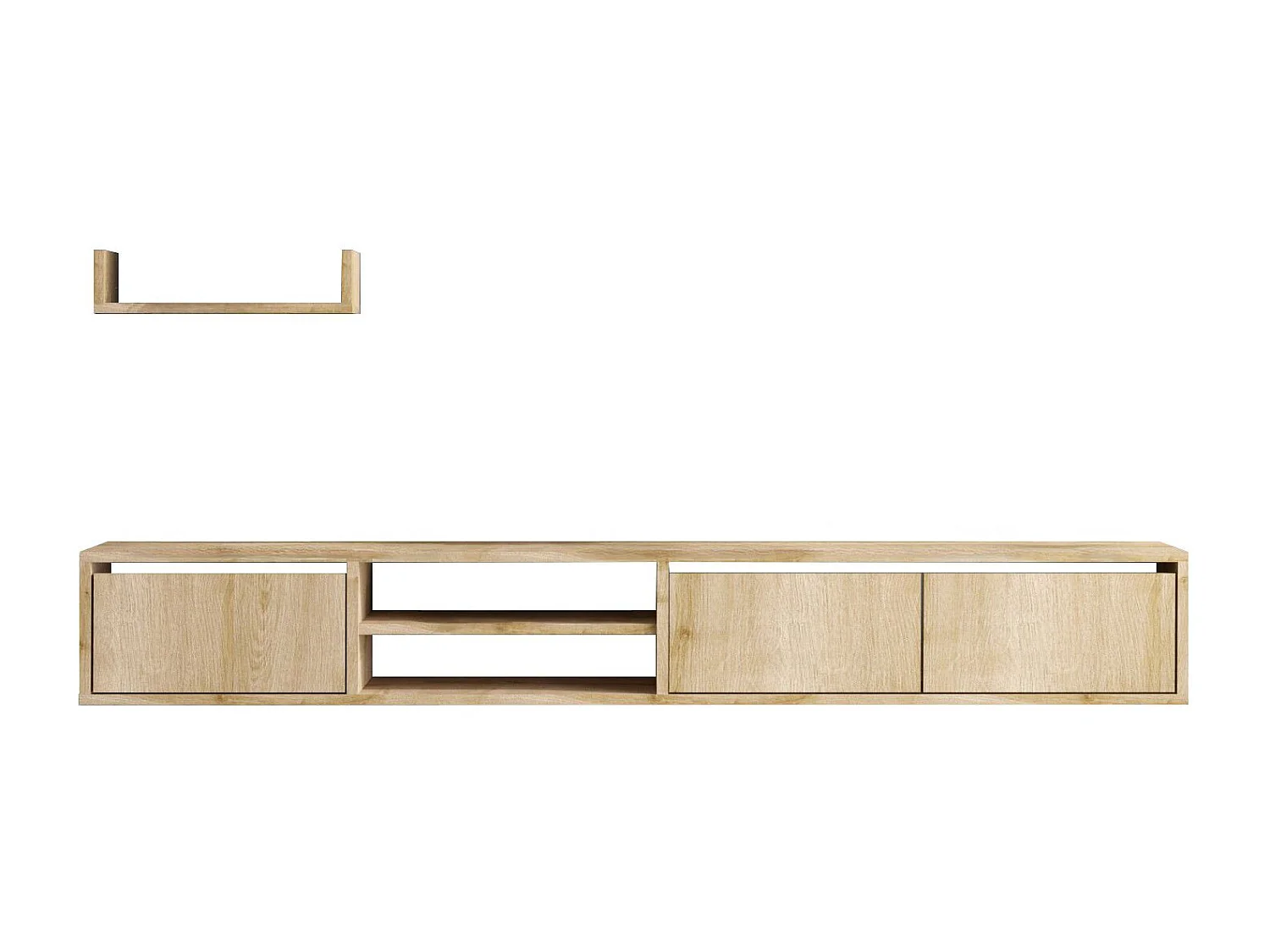 Meuble TV suspendu avec étagère murale en bois "Heka" - 180 x 30 x 25 cm - Beige