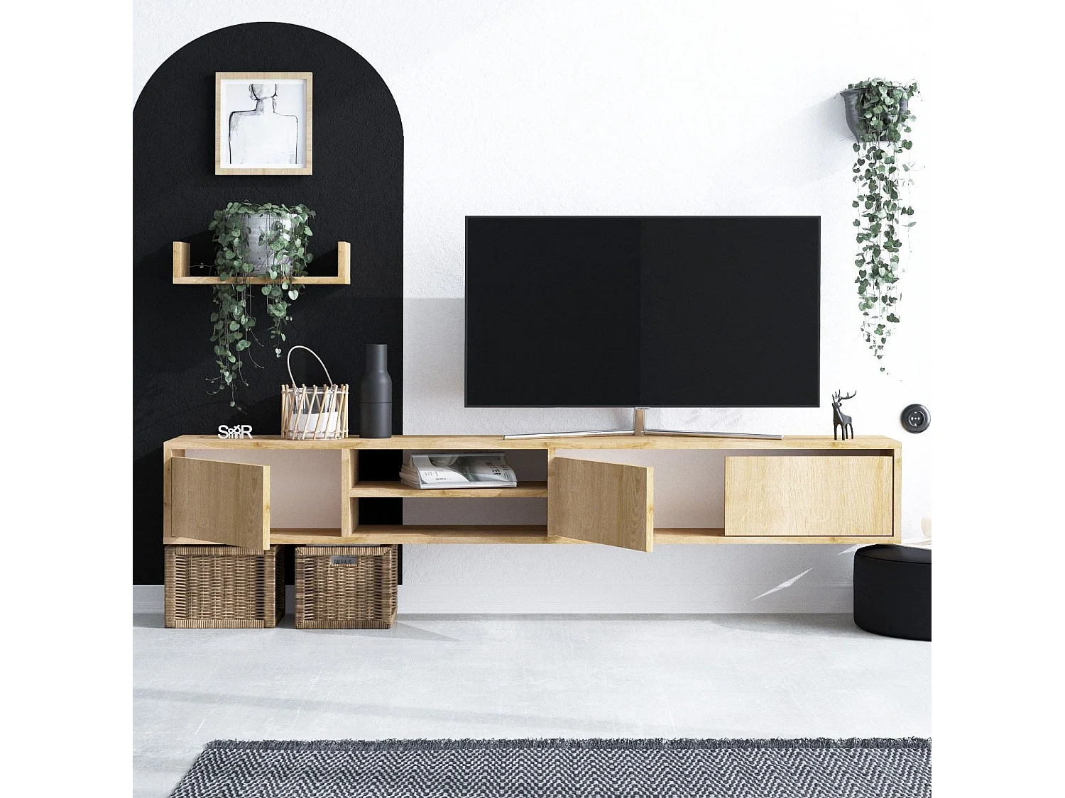 Meuble TV suspendu avec étagère murale en bois "Heka" - 180 x 30 x 25 cm - Beige
